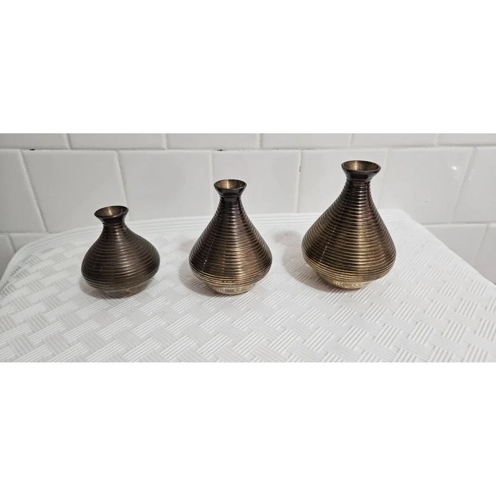 3 Bud Vase‎ Brass Solid Mid Century Modern Coil Graduated 2